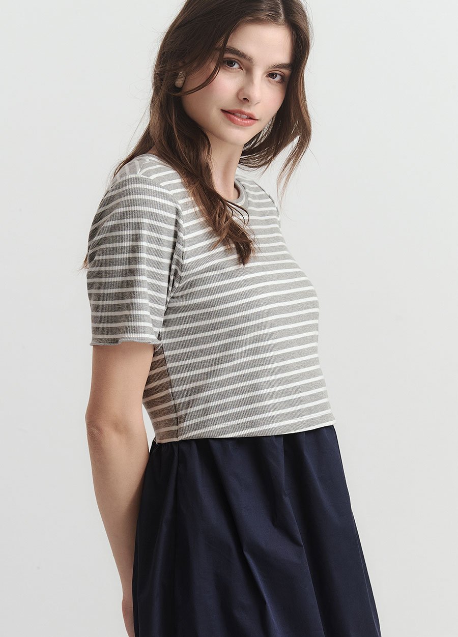 橫紋拼接假兩件孕哺洋裝 橫紋拼接假兩件孕哺洋裝