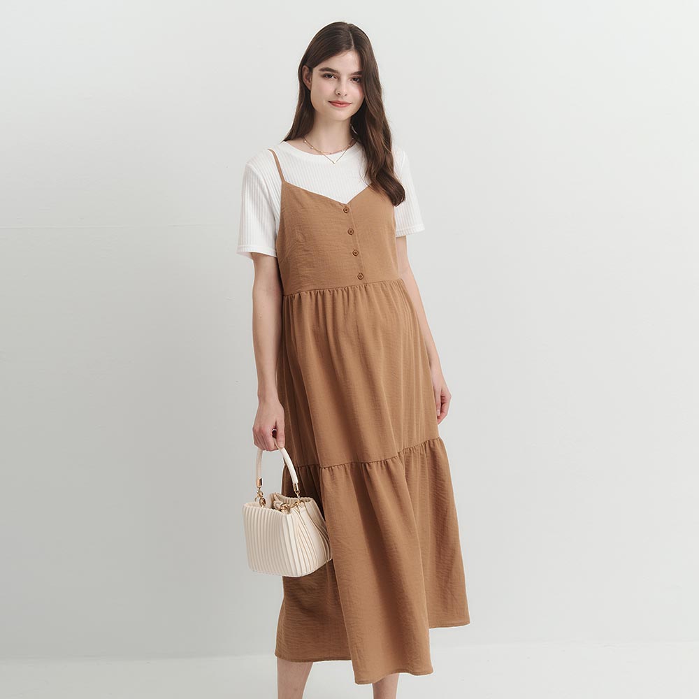 假兩件式細肩帶蛋糕孕哺洋裝