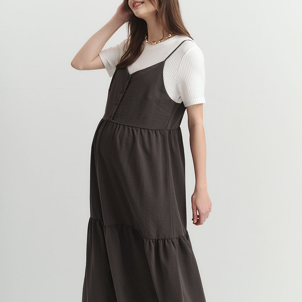 假兩件式細肩帶蛋糕孕哺洋裝