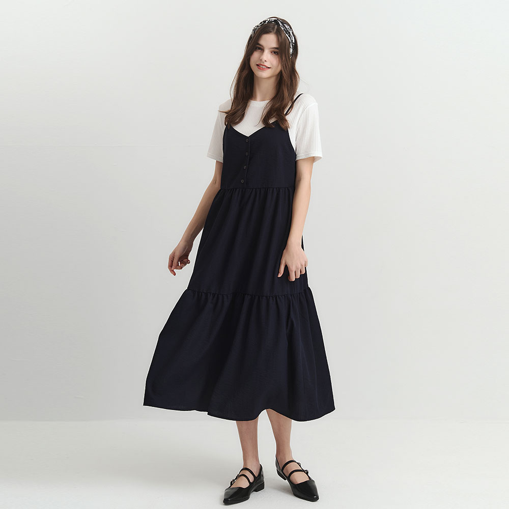 假兩件式細肩帶蛋糕孕哺洋裝