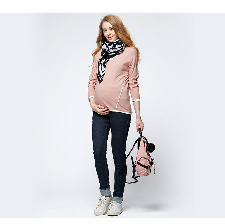 孕期毛邊反摺窄管牛仔褲