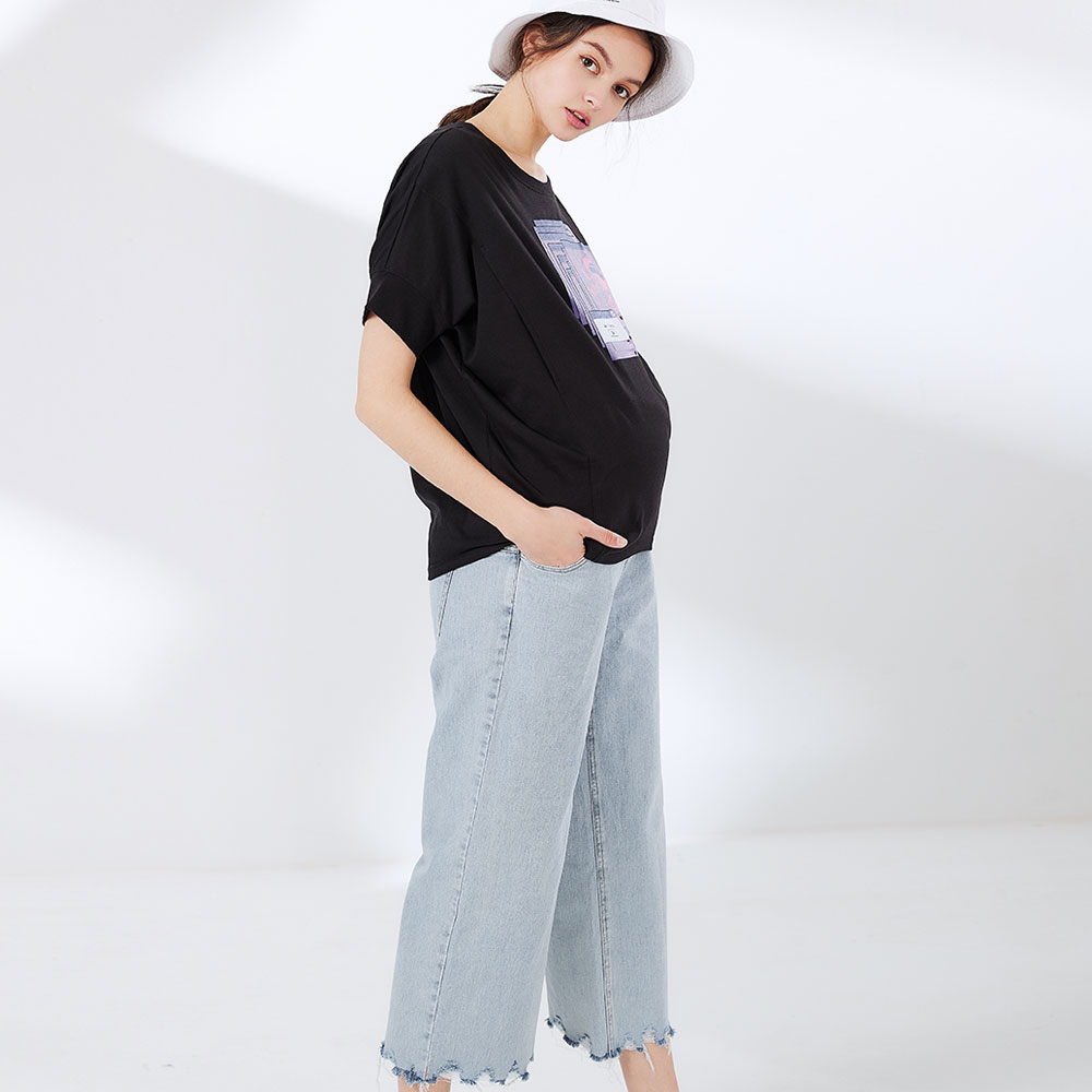 不規則抽鬚牛仔孕婦寬褲 不規則抽鬚牛仔孕婦寬褲