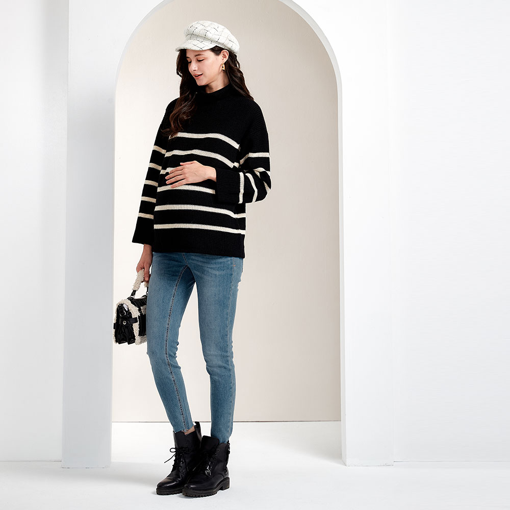 不對稱割破窄管牛仔孕婦褲