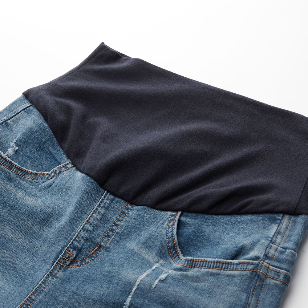 不對稱割破窄管牛仔孕婦褲