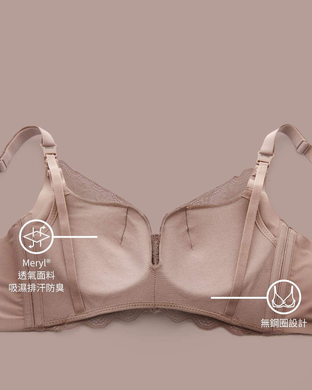 Mamaway 蕾絲零著感哺乳內衣彈性蕾絲與柔軟內杯材質細節