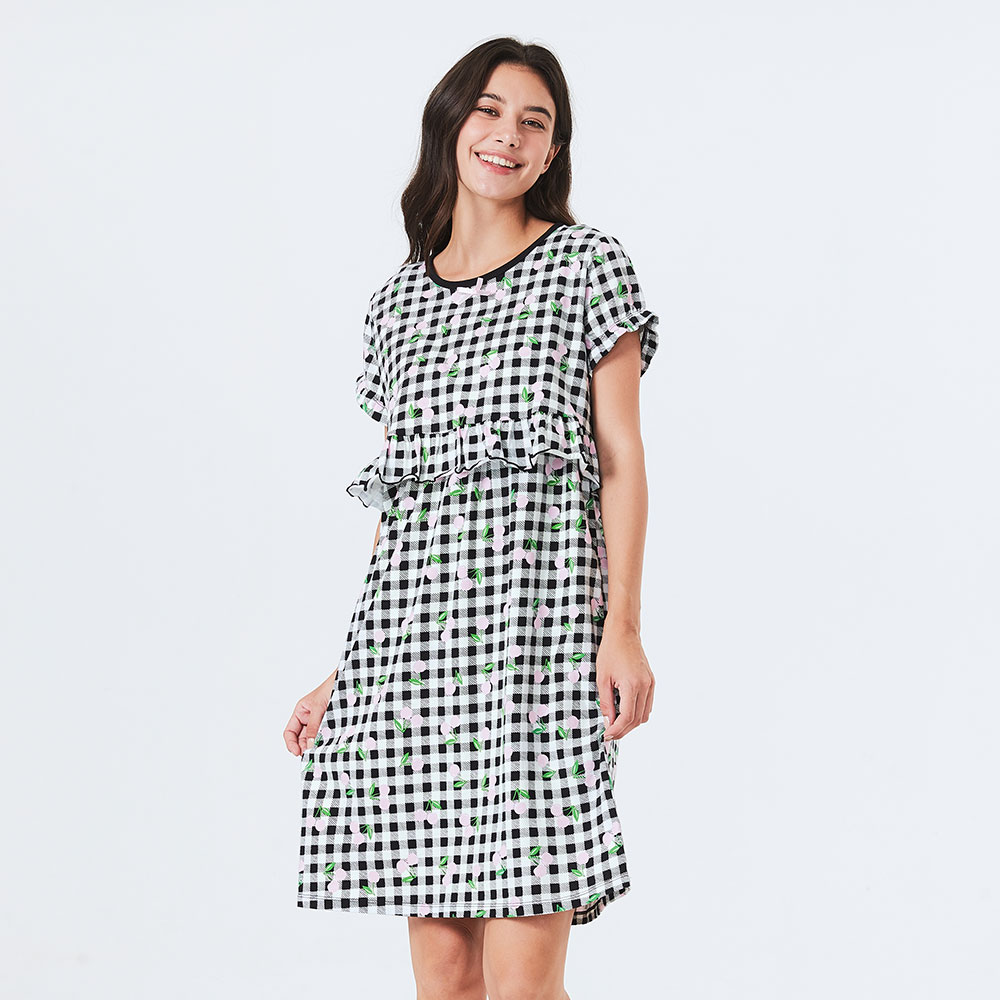 格紋櫻桃荷葉孕哺居家服組(洋裝+長褲)