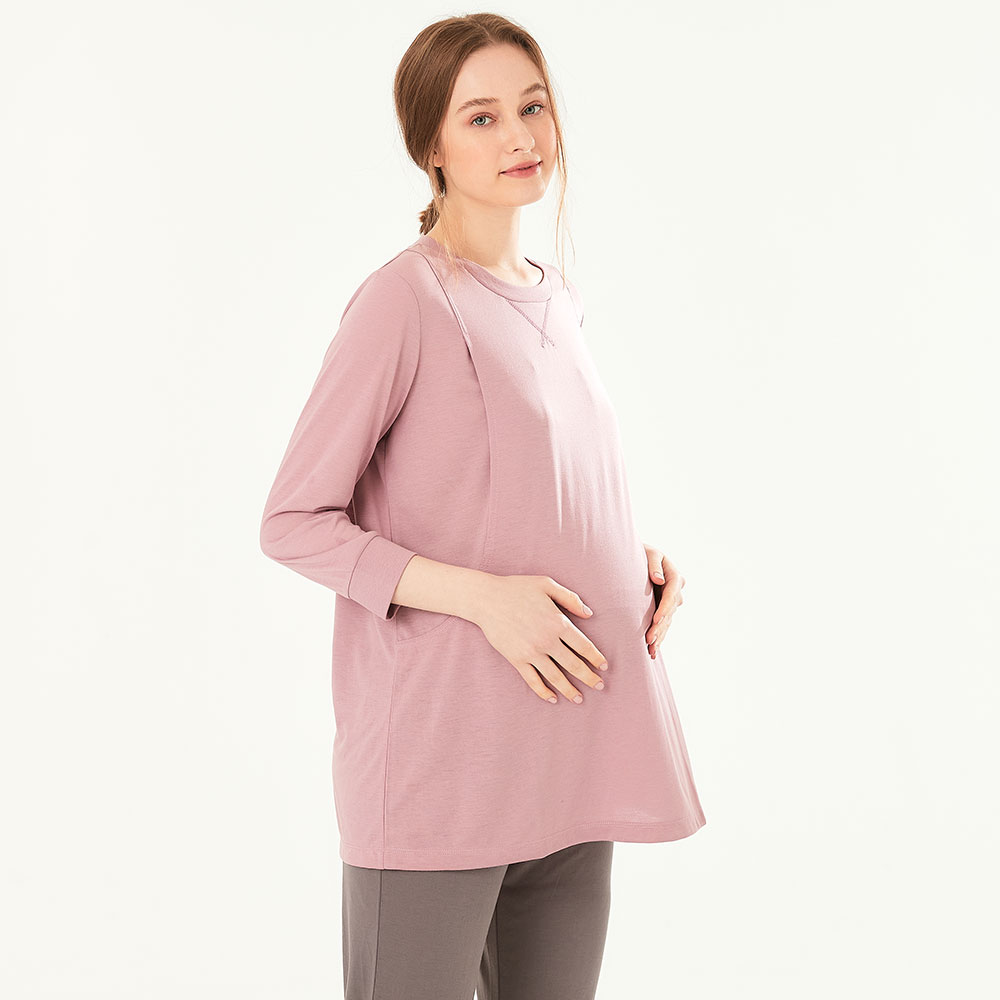 素色撞色孕哺居家服組 小蓋袖垂墜5寬鬆孕哺上衣